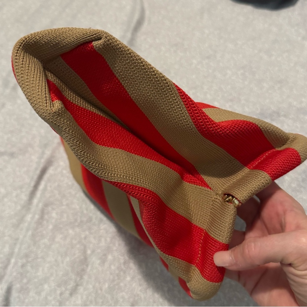 Red Tan Striped Color Block Clutch Pouch Summer Bag - Picture 7 of 8